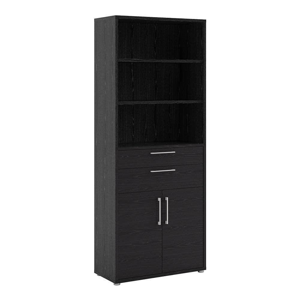 Business Pro Bookcase 5 Shelves with 2 Drawers and 2 Doors in Black woodgrain